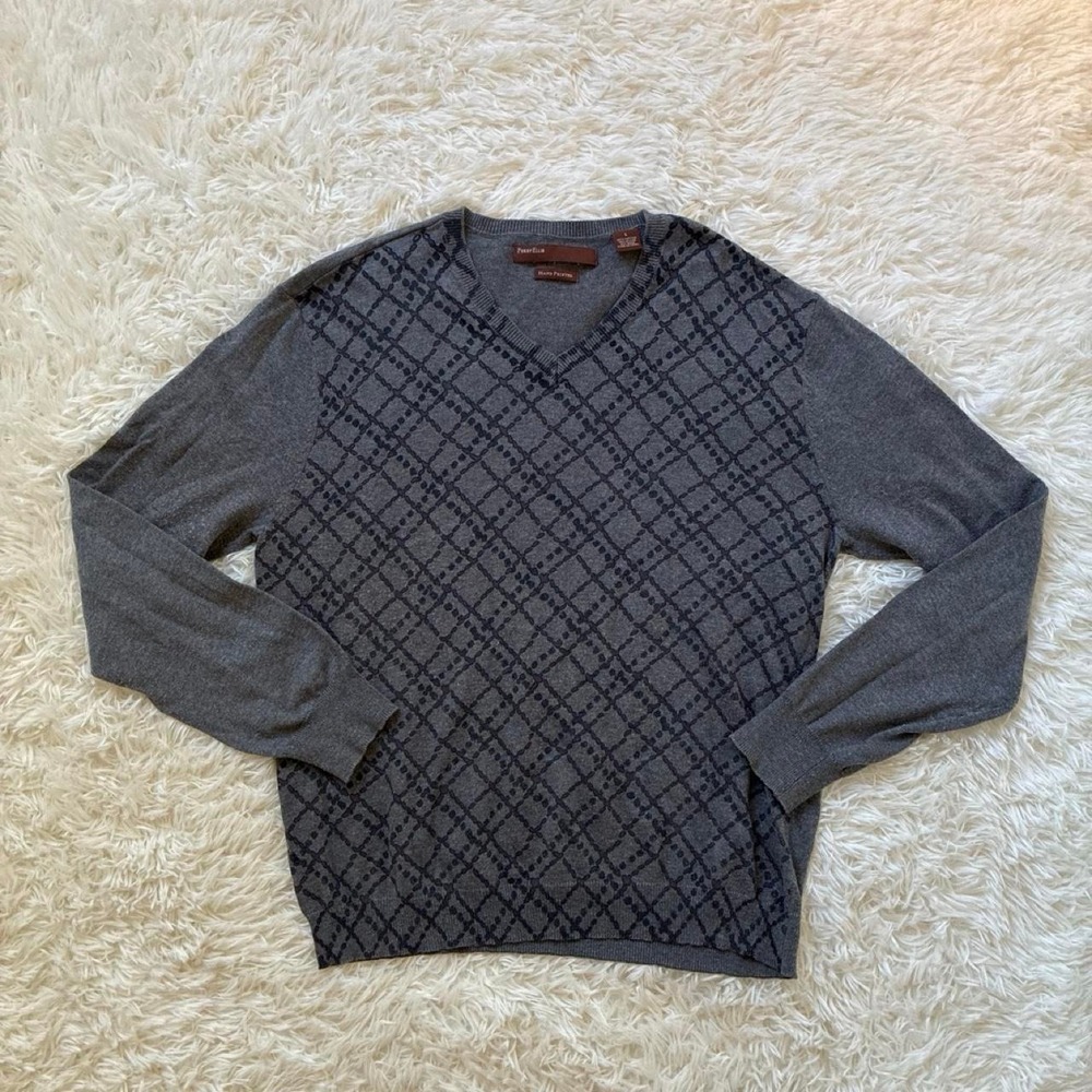 Vintage 90s Y2K Prep Hand Painted Wool blend Perry Ellis grey patterned sweater
